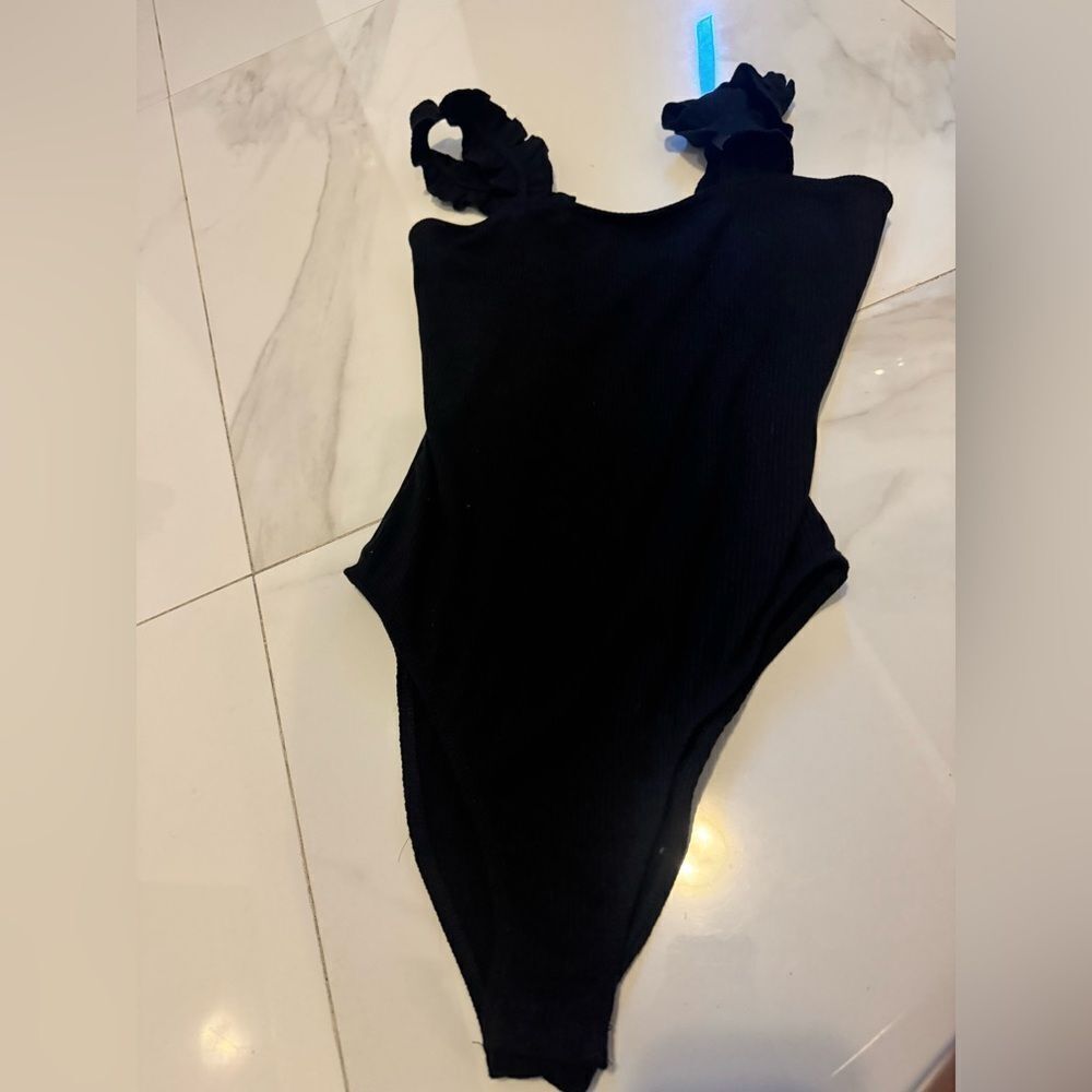 Black bodysuit with ruffled shoulder details  #23